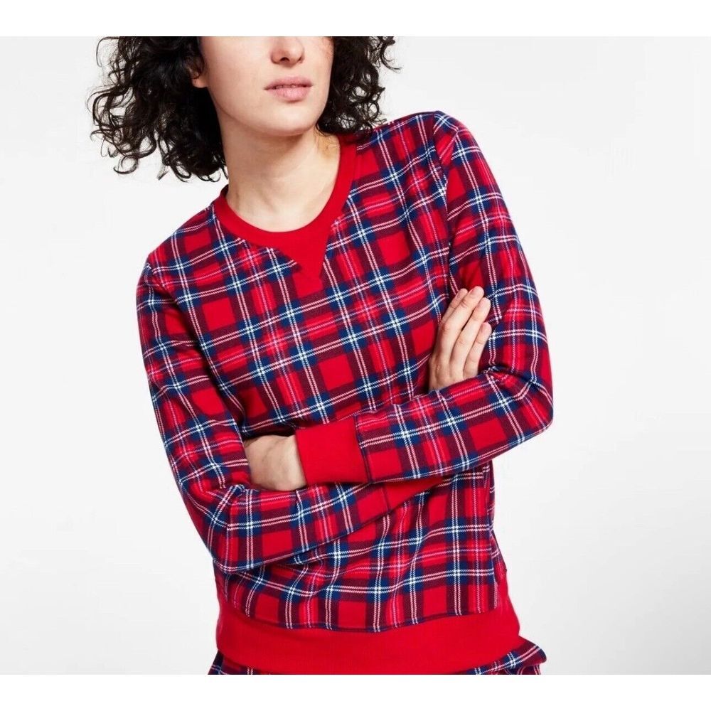 NWT $34 JENNI Women's Sz XS Long Sleeve Red Plaid Sweatshirt Lounge Pajama Top